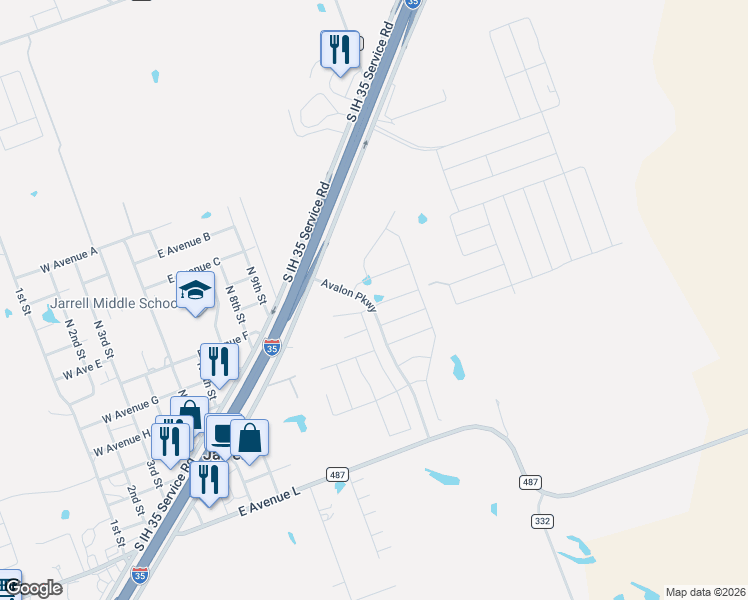 map of restaurants, bars, coffee shops, grocery stores, and more near 121 Fox Glen Cove in Jarrell