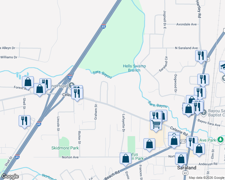 map of restaurants, bars, coffee shops, grocery stores, and more near 404 East Ponce De Leon Drive in Saraland