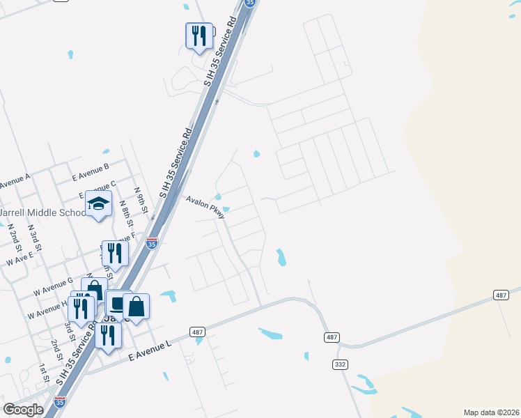 map of restaurants, bars, coffee shops, grocery stores, and more near 1009 Riverdale Cove in Jarrell