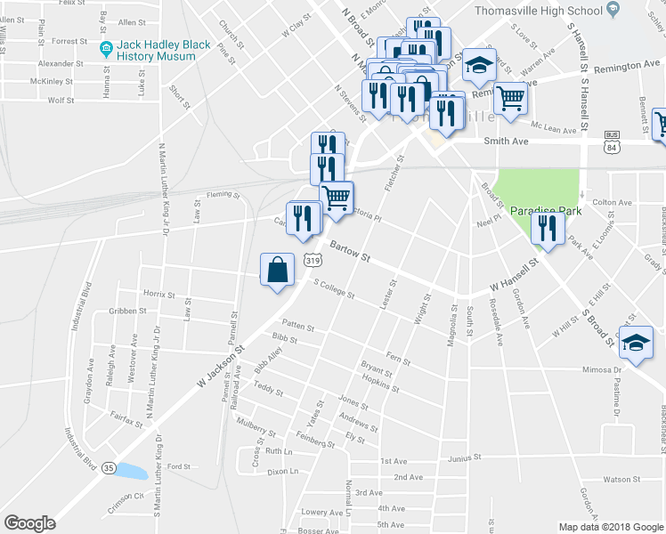 map of restaurants, bars, coffee shops, grocery stores, and more near 110 Bartow Street in Thomasville