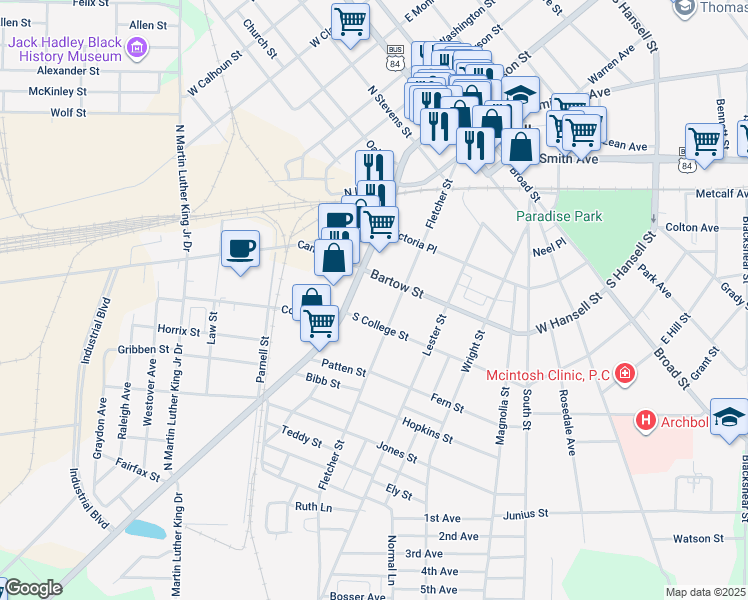 map of restaurants, bars, coffee shops, grocery stores, and more near 110 Bartow Street in Thomasville