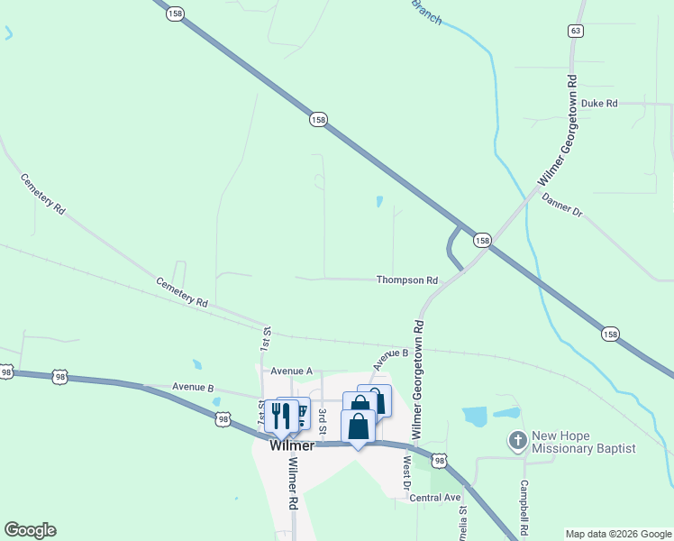 map of restaurants, bars, coffee shops, grocery stores, and more near 13350 Thompson Rd in Mobile