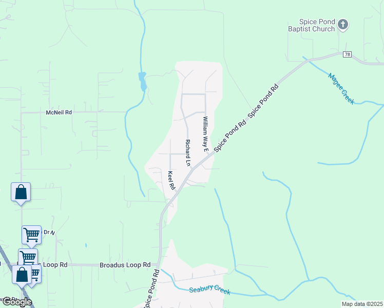 map of restaurants, bars, coffee shops, grocery stores, and more near 6705 William Way East in Mobile County