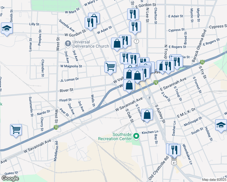 map of restaurants, bars, coffee shops, grocery stores, and more near 305 West Central Avenue in Valdosta