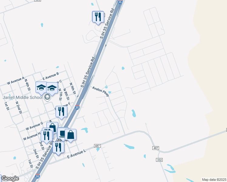 map of restaurants, bars, coffee shops, grocery stores, and more near 121 Fox Glen Cove in Jarrell