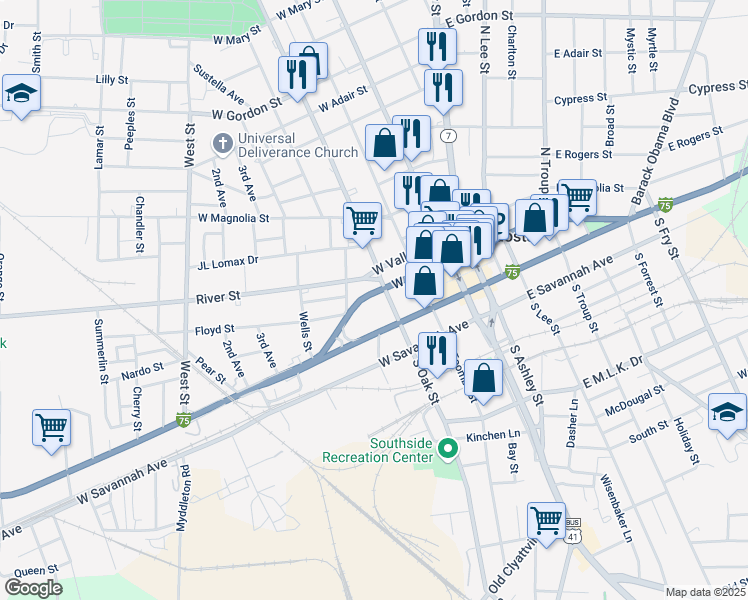 map of restaurants, bars, coffee shops, grocery stores, and more near 305 West Central Avenue in Valdosta