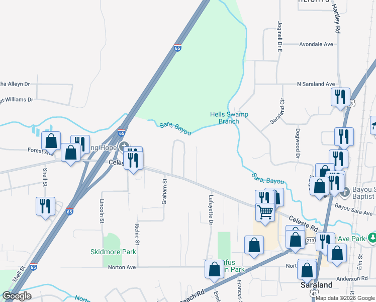 map of restaurants, bars, coffee shops, grocery stores, and more near 404 East Ponce De Leon Drive in Saraland