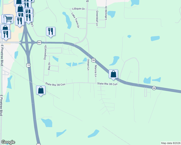 map of restaurants, bars, coffee shops, grocery stores, and more near 114 Inman Lane in Thomasville