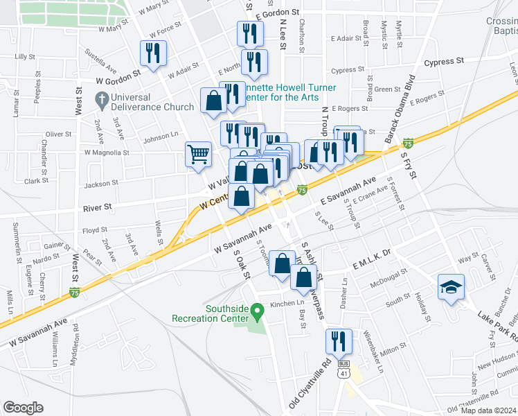 map of restaurants, bars, coffee shops, grocery stores, and more near 112 West Hill Avenue in Valdosta