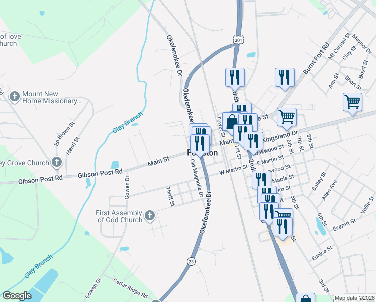 map of restaurants, bars, coffee shops, grocery stores, and more near 349 Magnolia Street in Folkston