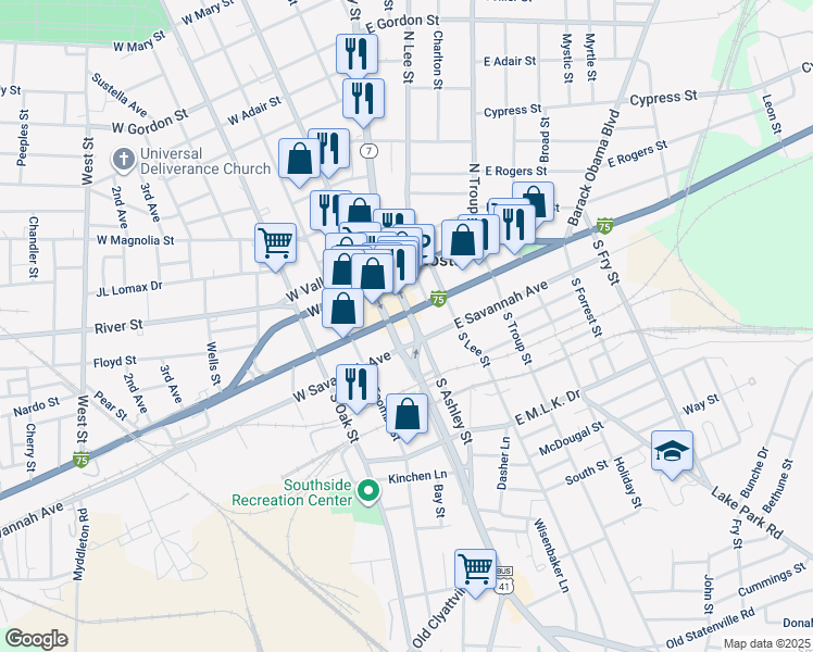 map of restaurants, bars, coffee shops, grocery stores, and more near 101 U.S. 41 Business in Valdosta