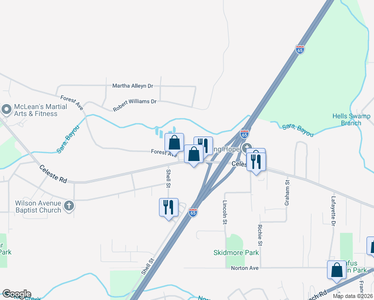 map of restaurants, bars, coffee shops, grocery stores, and more near 901 Forest Avenue in Saraland