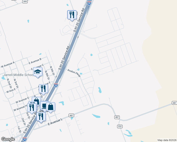 map of restaurants, bars, coffee shops, grocery stores, and more near 1009 Riverdale Cove in Jarrell