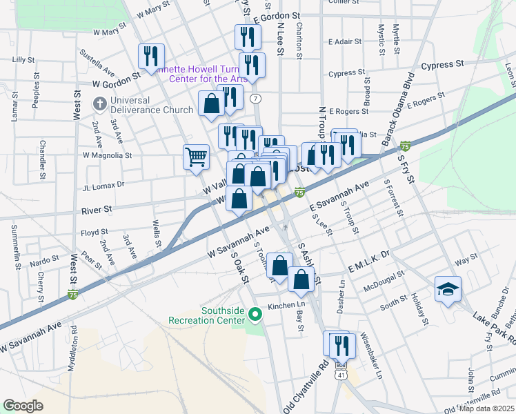 map of restaurants, bars, coffee shops, grocery stores, and more near 108 West Hill Avenue in Valdosta