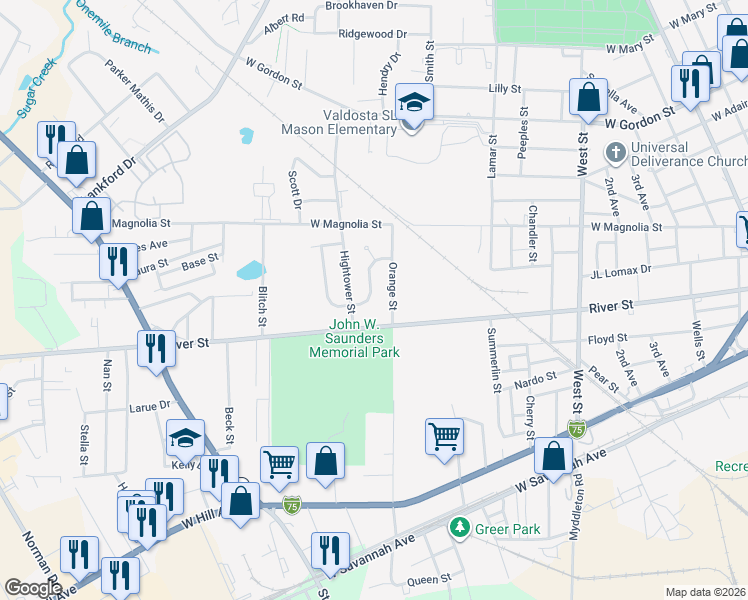 map of restaurants, bars, coffee shops, grocery stores, and more near 1117 Dunwoody Drive in Valdosta