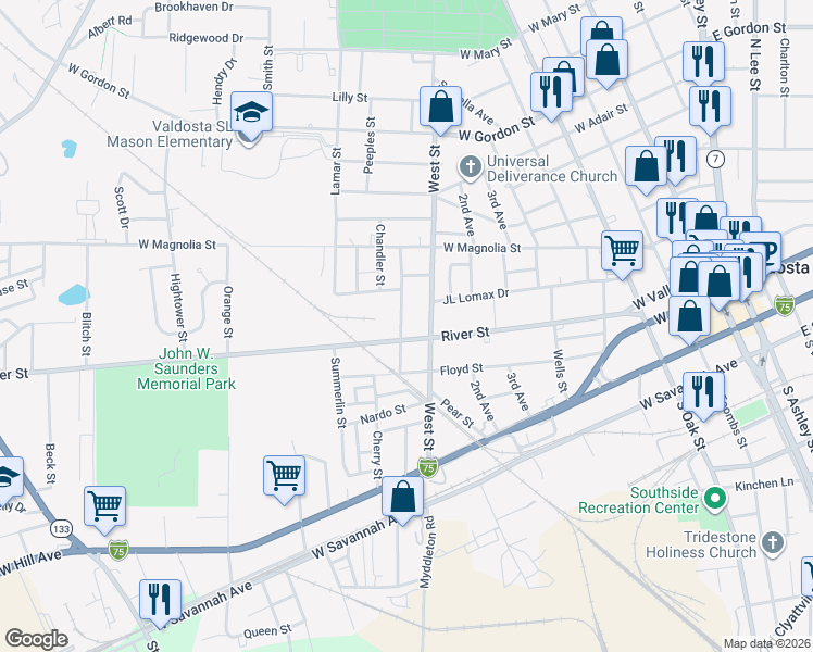 map of restaurants, bars, coffee shops, grocery stores, and more near 409 Mills Street in Valdosta