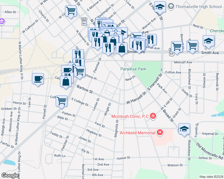 map of restaurants, bars, coffee shops, grocery stores, and more near 324 Victoria Place in Thomasville