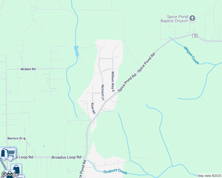 map of restaurants, bars, coffee shops, grocery stores, and more near 6705 William Way East in Mobile County