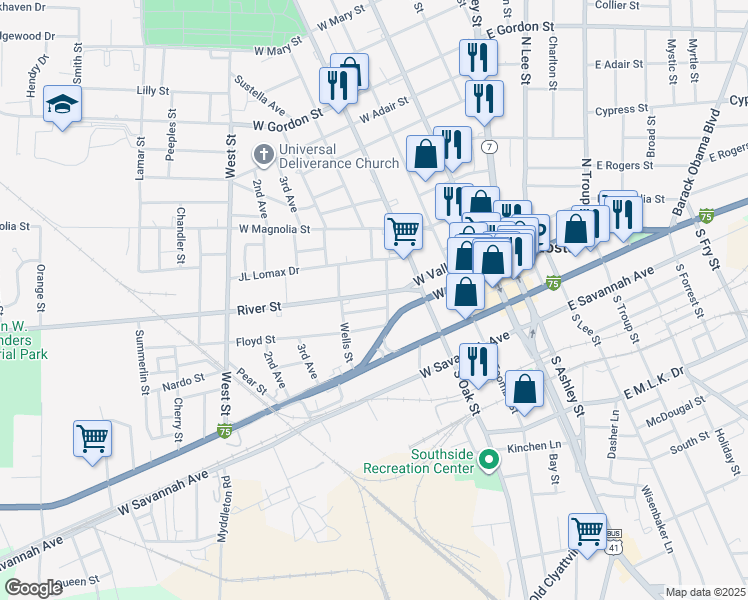 map of restaurants, bars, coffee shops, grocery stores, and more near 405 River Street in Valdosta