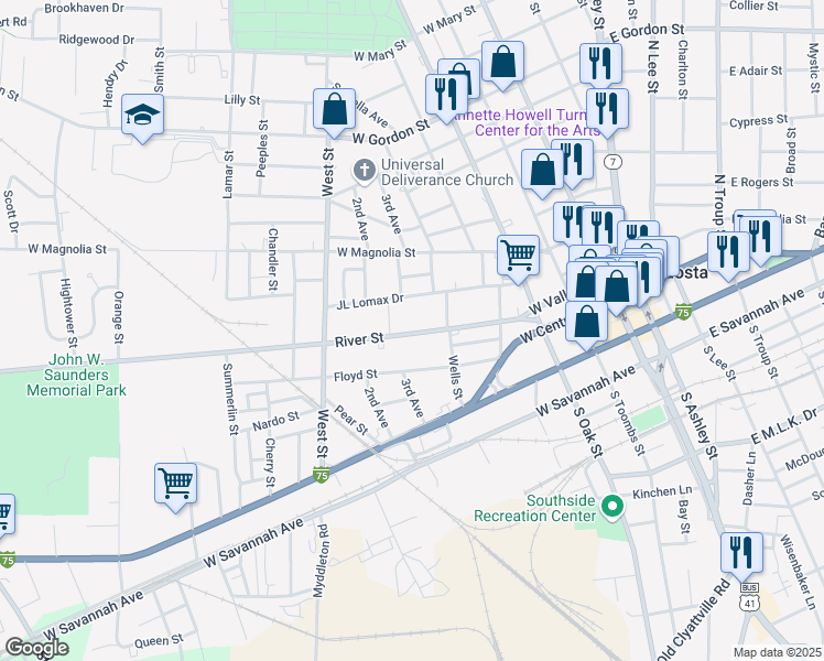 map of restaurants, bars, coffee shops, grocery stores, and more near 516 River Street in Valdosta