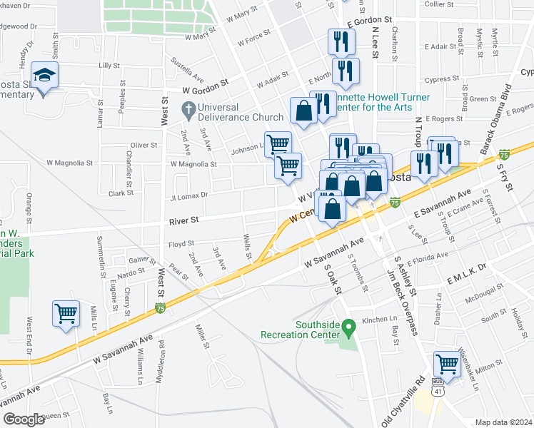 map of restaurants, bars, coffee shops, grocery stores, and more near 405 River Street in Valdosta