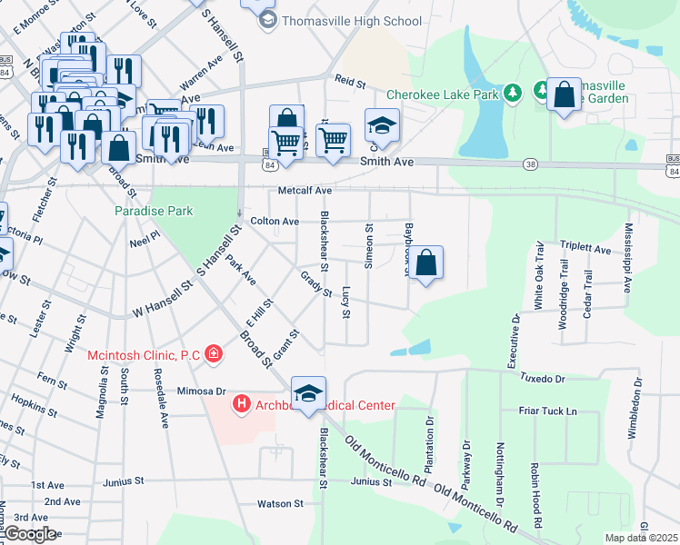 map of restaurants, bars, coffee shops, grocery stores, and more near 108 Lucy St in Thomasville