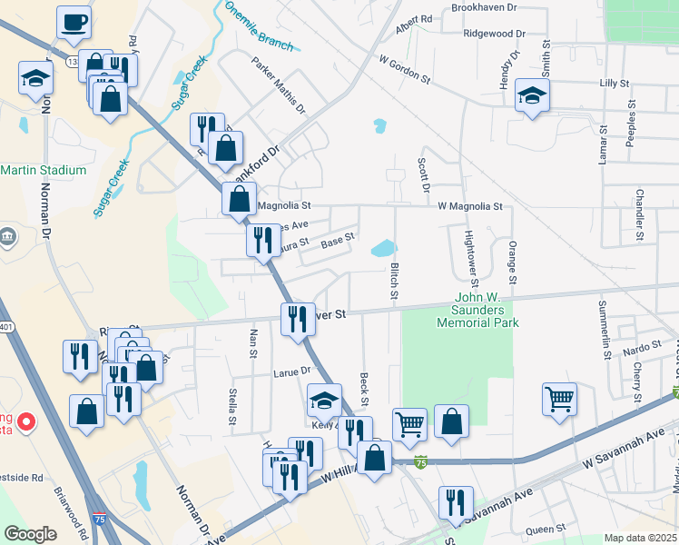 map of restaurants, bars, coffee shops, grocery stores, and more near 116 Moss Oak Drive in Valdosta