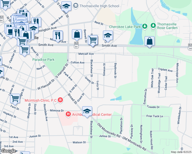 map of restaurants, bars, coffee shops, grocery stores, and more near 108 Lucy Street in Thomasville