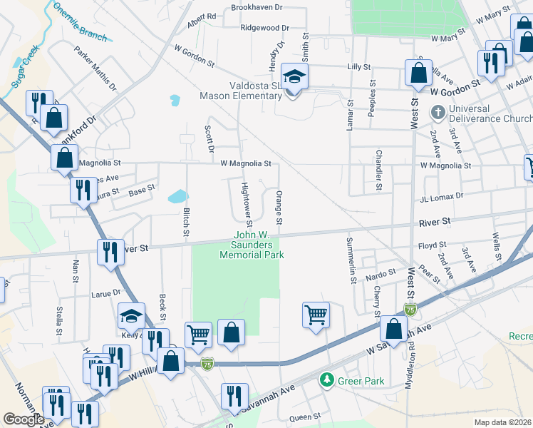 map of restaurants, bars, coffee shops, grocery stores, and more near 1117 Dunwoody Drive in Valdosta