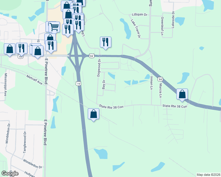 map of restaurants, bars, coffee shops, grocery stores, and more near 51 Spruce Lane in Thomasville