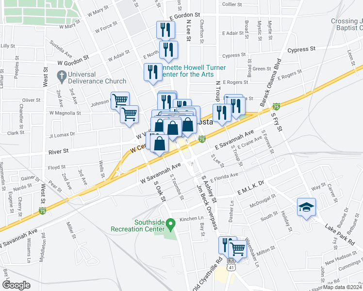 map of restaurants, bars, coffee shops, grocery stores, and more near 101 U.S. 41 Business in Valdosta