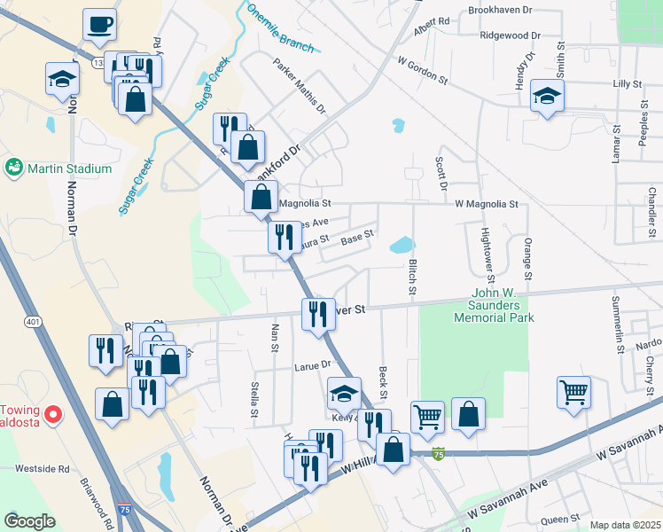 map of restaurants, bars, coffee shops, grocery stores, and more near 1547 Weaver Street in Valdosta
