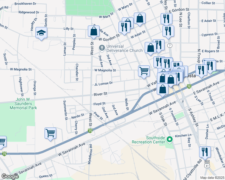 map of restaurants, bars, coffee shops, grocery stores, and more near 516 River Street in Valdosta
