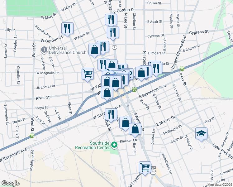 map of restaurants, bars, coffee shops, grocery stores, and more near 119 West Central Avenue in Valdosta