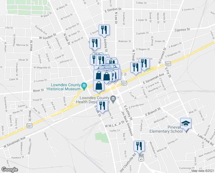 map of restaurants, bars, coffee shops, grocery stores, and more near 119 West Central Avenue in Valdosta
