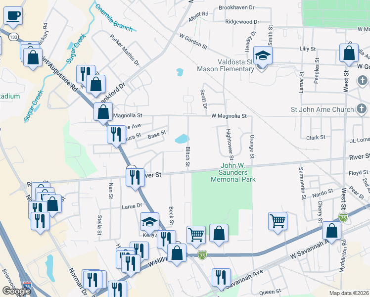 map of restaurants, bars, coffee shops, grocery stores, and more near 313 Blitch Street in Valdosta