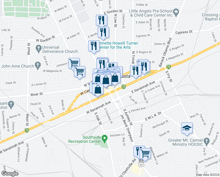 map of restaurants, bars, coffee shops, grocery stores, and more near 101 U.S. 41 Business in Valdosta