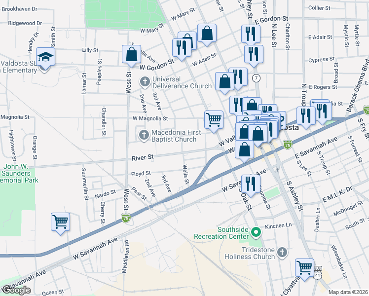 map of restaurants, bars, coffee shops, grocery stores, and more near 418 River Street in Valdosta