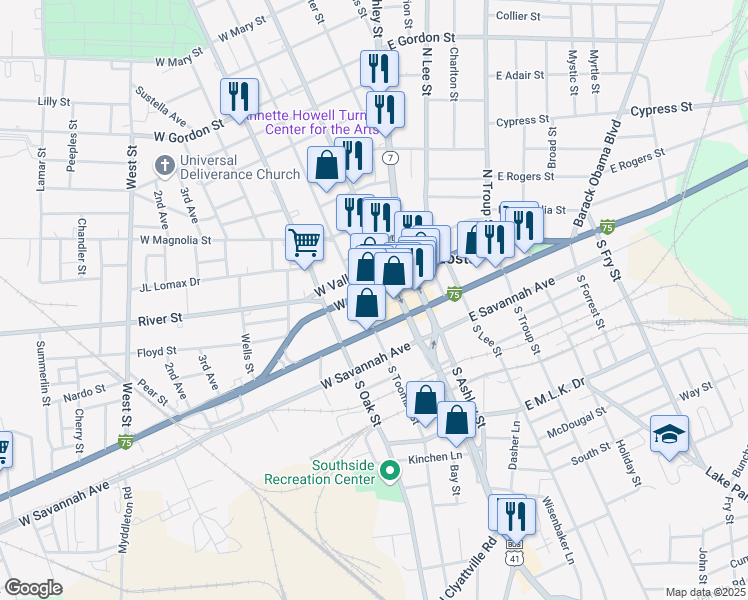 map of restaurants, bars, coffee shops, grocery stores, and more near 119 West Central Avenue in Valdosta