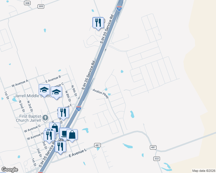 map of restaurants, bars, coffee shops, grocery stores, and more near 121 Fox Glen Cove in Jarrell