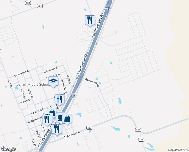 map of restaurants, bars, coffee shops, grocery stores, and more near 505 Fox Glen Cove in Jarrell