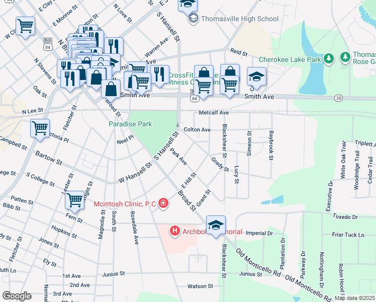map of restaurants, bars, coffee shops, grocery stores, and more near East Loomis Street in Thomasville