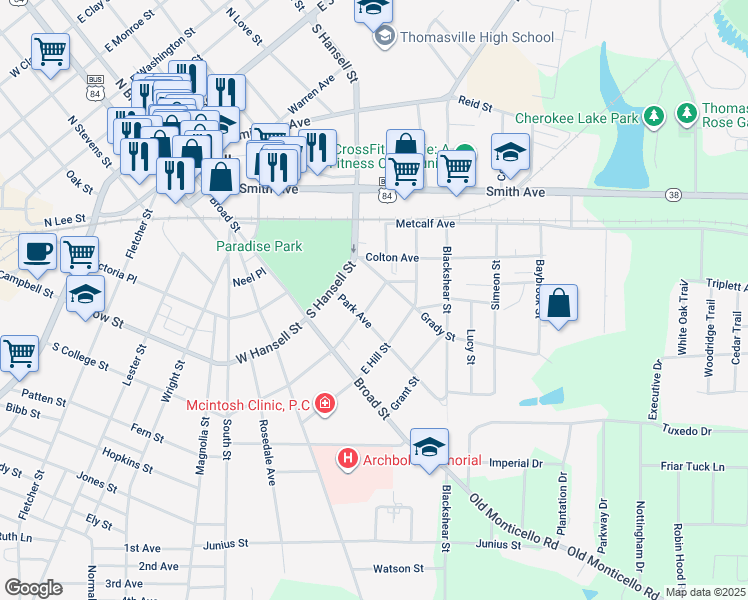 map of restaurants, bars, coffee shops, grocery stores, and more near East Loomis Street in Thomasville