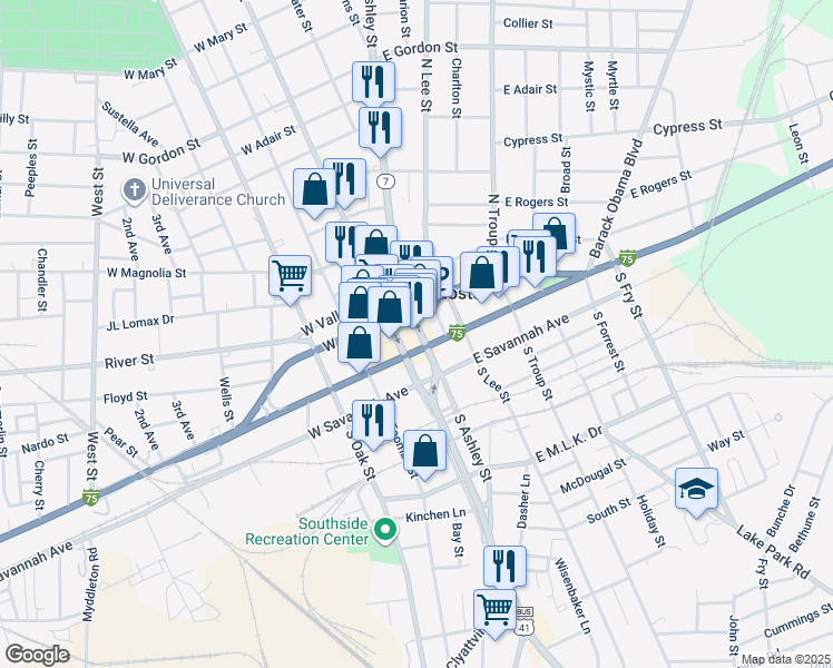 map of restaurants, bars, coffee shops, grocery stores, and more near 101 U.S. 41 Business in Valdosta