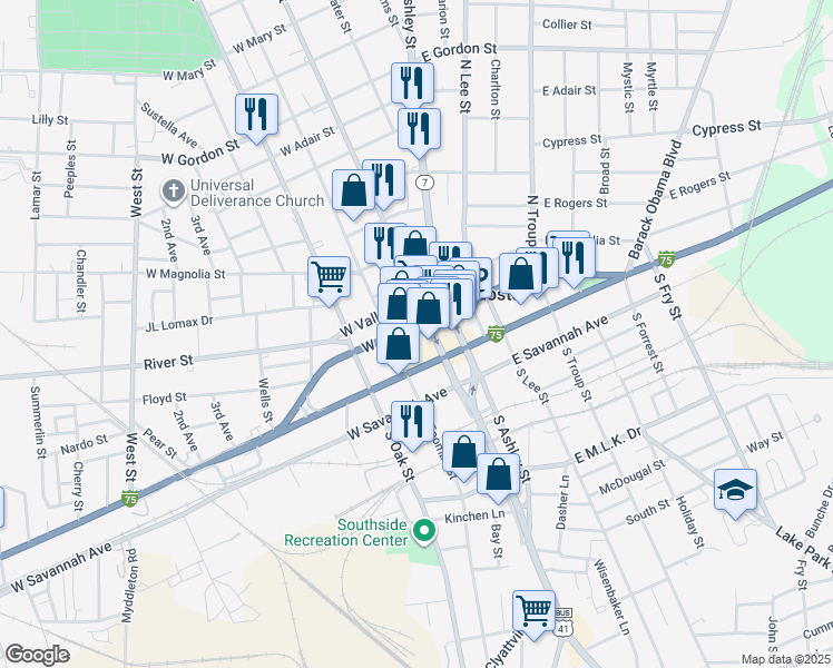 map of restaurants, bars, coffee shops, grocery stores, and more near 119 West Central Avenue in Valdosta