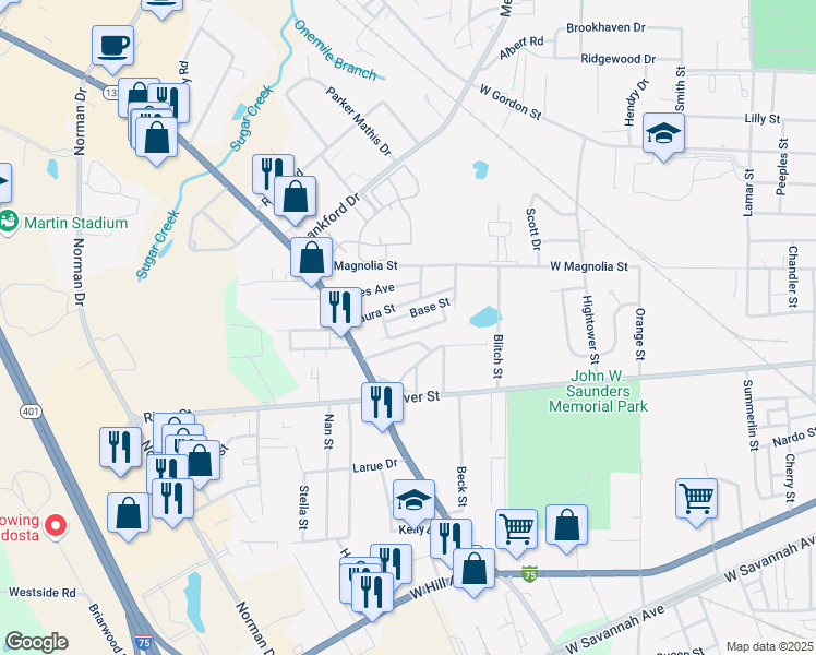 map of restaurants, bars, coffee shops, grocery stores, and more near 1547 Weaver Street in Valdosta