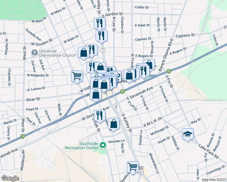 map of restaurants, bars, coffee shops, grocery stores, and more near 101 U.S. 41 Business in Valdosta