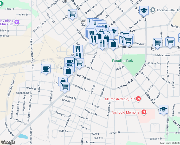 map of restaurants, bars, coffee shops, grocery stores, and more near 415 Fletcher Street in Thomasville