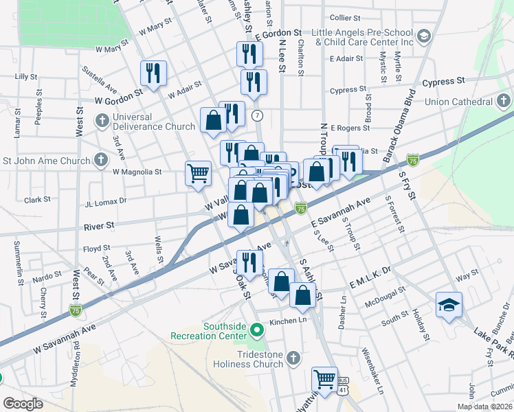 map of restaurants, bars, coffee shops, grocery stores, and more near 119 West Central Avenue in Valdosta