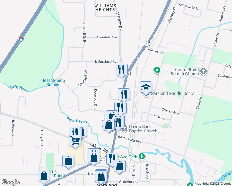 map of restaurants, bars, coffee shops, grocery stores, and more near 106-402 Bayou Oaks Drive South in Saraland